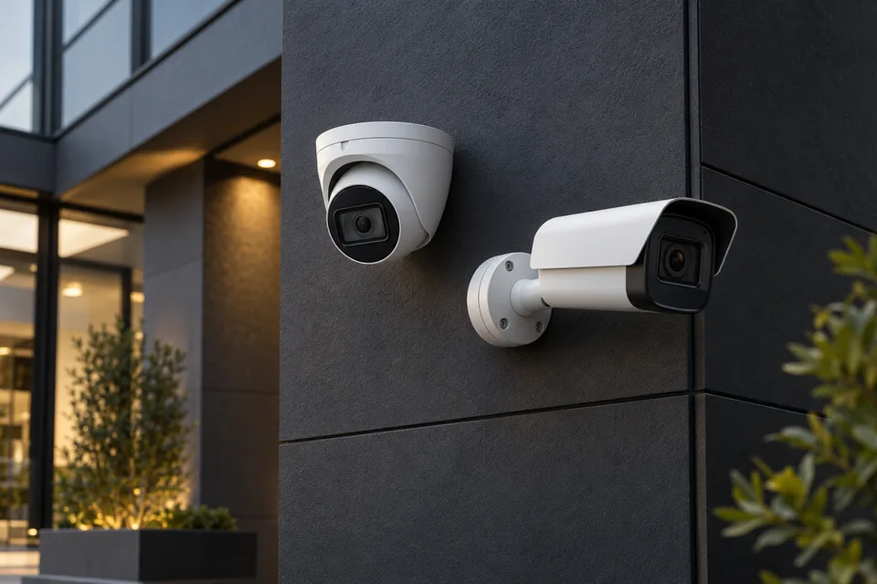 Illustration of security cameras at a commercial building
